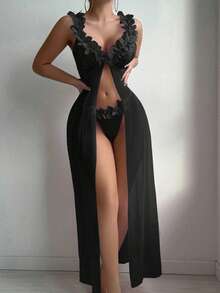 2件套女士性感透视网纱蕾丝露背低胸花朵开衩吊带长裙，性感内衣，适合居家、夜店或私人派对穿着，性感内衣 - 黑色 - 查看 3