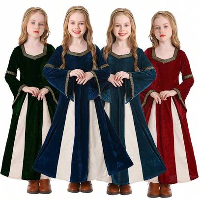 Renaissance Vintage Medieval Princess Queen Costume, Musical Theater Stage Performance Outfit, Palace Style Flared Sleeve Long Dress