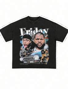 Friday Damn1995 Movie Unisex 90s Hiphop Rap Graphic Print Round Neck Casual Short Sleeve T-Shirt Tees Women Tops Oversiz - 黑色 - 查看 1