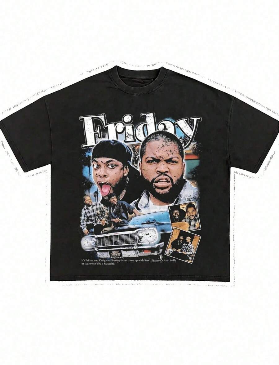 Friday Damn1995 Movie Unisex 90s Hiphop Rap Graphic Print Round Neck Casual Short Sleeve T-Shirt Tees Women Tops Oversiz - 黑色 - 查看 1