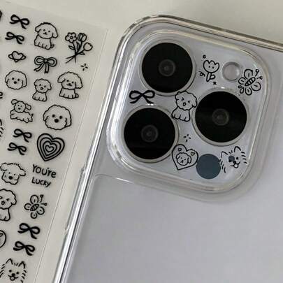 DIY贴纸镜头保护膜，可爱卡通猫狗图案，DIY透明相机贴纸膜，兼容 17 Pro Max、17 Pro、17 Air、17、16、15、14、13 Pro Max，钢化玻璃膜