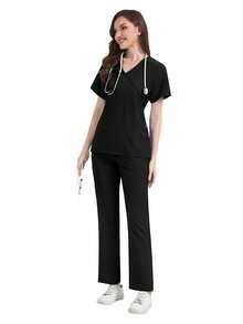 Scrub Uniform Set Slim Fit Women Nursing Hospital Short Sleeves Top Pants Sets Dental Clinic Beauty Salon Spa Pet Lab Workwear - Black - View 4