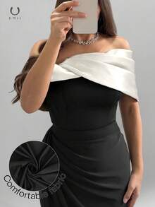 UMII 女士情人节黑白单肩长款连衣裙，褶皱鱼尾裙摆正式晚礼服，浪漫约会之夜派对礼服 - 黑色 - 查看 5