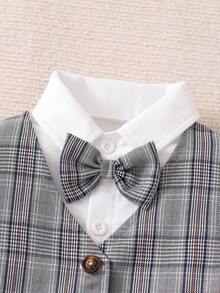 Baby Boy Grey Plaid Gentleman Outfit - Long Sleeve White Shirt + Plaid Vest + Plaid Pants, Paired With Bow Tie & Beret Hat, Soft & Skin-Friendly Material, Formal Wear For Spring/Autumn Occasions - Grey - View 7