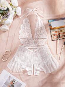 AESKEIA White V-Neck Crotchless Sexy Lingerie Women Sexy Lace Skirt Edge Erotic Doll Dress Temptation Hollow Open Crotch Bodysuit For Going Out - White - View 10