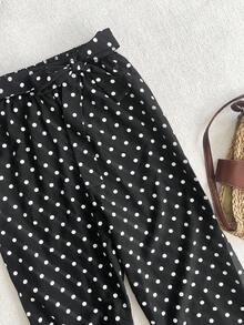 Women's Casual Vacation Style Polka Dot Tie Waist Wide Leg Pants, Spring/Summer - Black - View 7