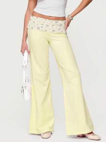 Fold Over Pants For Women Y2k Elastic Waist Low Rise Flower/Dots Print Flared Leggings Comfy Stretchy Foldover Lounge Trousers Yoga Pants Vintage Streetwear - Màu vàng - Xem 2