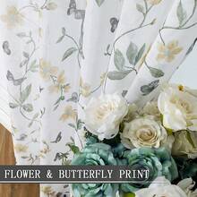 Tollpiz Sheer Floral Curtain Valance Yellow Flower Butterfly Printed Bedroom Curtain Valances Rod Pocket Voile Faux Linen Window Valance Curtains For Living Room, 54 X 16 Inches Long, Set Of 1 Panel,54inchWx16inchL(Packof1),Yellow - Màu vàng - Xem 3