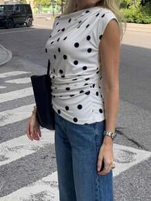 Off White Polka Dot Boat Neck Top | Ruched Slim Fit Crop Top For Date & Brunch - White - View 4