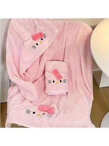 Sanrio Hello Kitty 三件套沐浴套装：速干毛巾、浴袍和浴帽 - 采用吸水性强的珊瑚绒面料制成，非常适合旅行、水疗和桑拿 | 轻盈不油腻的聚酯纤维材质