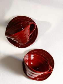 1pc Handmade Reddish Glaze Coffee Cup & Saucer, Breakfast Milk Cup, Swirl Mushroom Bowl, Suitable For Home, Restaurant, Cafe, High-End - Multicolor - View 6