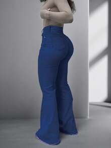 NVFelix 女士高腰修身喇叭牛仔裤，轻薄弹力面料，优雅时尚，Y2K户外休闲风，适合春夏穿着 - 深色水洗藍 - 查看 2