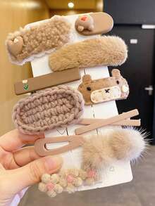 20个/套 OPP包装 无卡片 婴儿秋冬米色毛绒花朵小熊可爱侧刘海发夹发卡发饰 女孩 - 彩色 - 查看 3