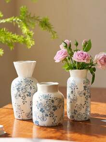 1pc/3pcs Handmade Vintage Style Ceramic Vase, Decorated With Blue Plum Blossom Pattern, French Countryside Style, Fresh And Elegant, Wavy Rim Design, Floral Vase Suitable For Fresh/Dried Flowers/Roses, Suitable For Kitchen, Room, Foyer, Living Room, Tabletop Decor, Birthday/Graduation Gift, Gift For Boyfriend/Girlfriend, Holiday Decoration, Ramadan Decor, Ramadan Gifts - Multicolor - View 2