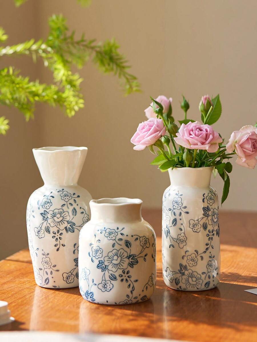 1pc/3pcs Handmade Vintage Style Ceramic Vase, Decorated With Blue Plum Blossom Pattern, French Countryside Style, Fresh And Elegant, Wavy Rim Design, Floral Vase Suitable For Fresh/Dried Flowers/Roses, Suitable For Kitchen, Room, Foyer, Living Room, Tabletop Decor, Birthday/Graduation Gift, Gift For Boyfriend/Girlfriend, Holiday Decoration, Ramadan Decor, Ramadan Gifts