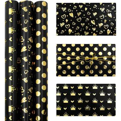 Svart omslagspappersrulle, svart och guldfärgat födelsedagspresentpapper 17 tum x 9,84 fot med hjärt- och kronmönster, lämplig för bröllop, examen, fars dag, mors dag, brudgåvor, fester, babyshowers och barnpresenter