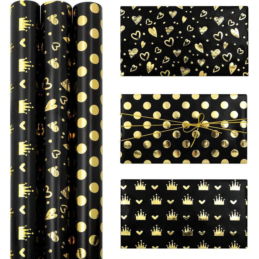 黑色包装纸卷，黑金生日礼物包装纸，17英寸 x 9.84英尺，带有心形和皇冠图案，适用于婚礼、毕业典礼、父亲节、母亲节、新娘礼物、派对、婴儿派对和儿童礼物。 - 黑金色皇冠-1roll - 查看 1