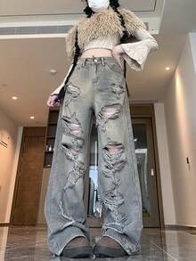 破洞牛仔阔腿宽松裤 - 復古色 - 查看 9