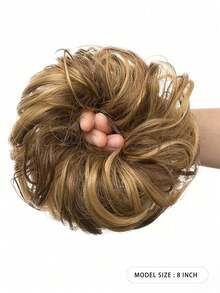 Black Messy Bun Hair Piece Wavy Curly Scrunchies Synthetic Chignon Ponytail Hair Extensions Thick Updo Hairpieces For Women 8inch - 金色 - 查看 2