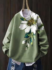 女士轻薄印花毛衣 - 多色鲜艳花朵图案，休闲圆领长袖上衣，适合所有季节，叠穿设计，色彩鲜艳，度假风 - 灰綠色 - 查看 7