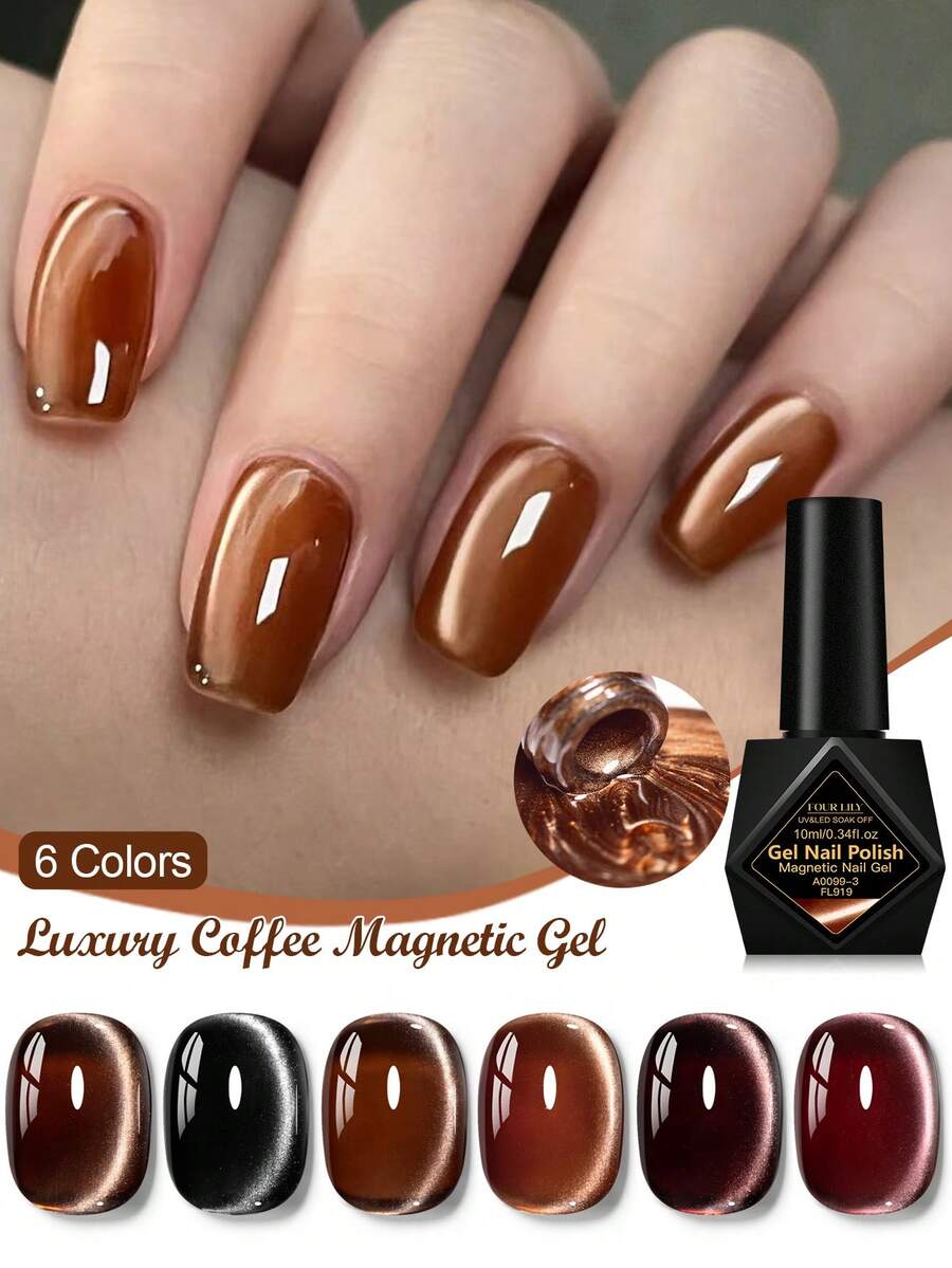 FOUR LILY 10ml 深咖啡色磁性凝胶指甲油，可卸除 UV/LED 凝胶，猫眼效果，持久美甲美足，美甲用品 | 猫眼美甲设计 | 涂抹顺滑 - 彩色 - 查看 1