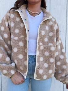 Womens Fall Winter Fleece Jacket Dot Pattern Long Sleeve Lapel Button Down Sherpa Coat - Khaki - View 1