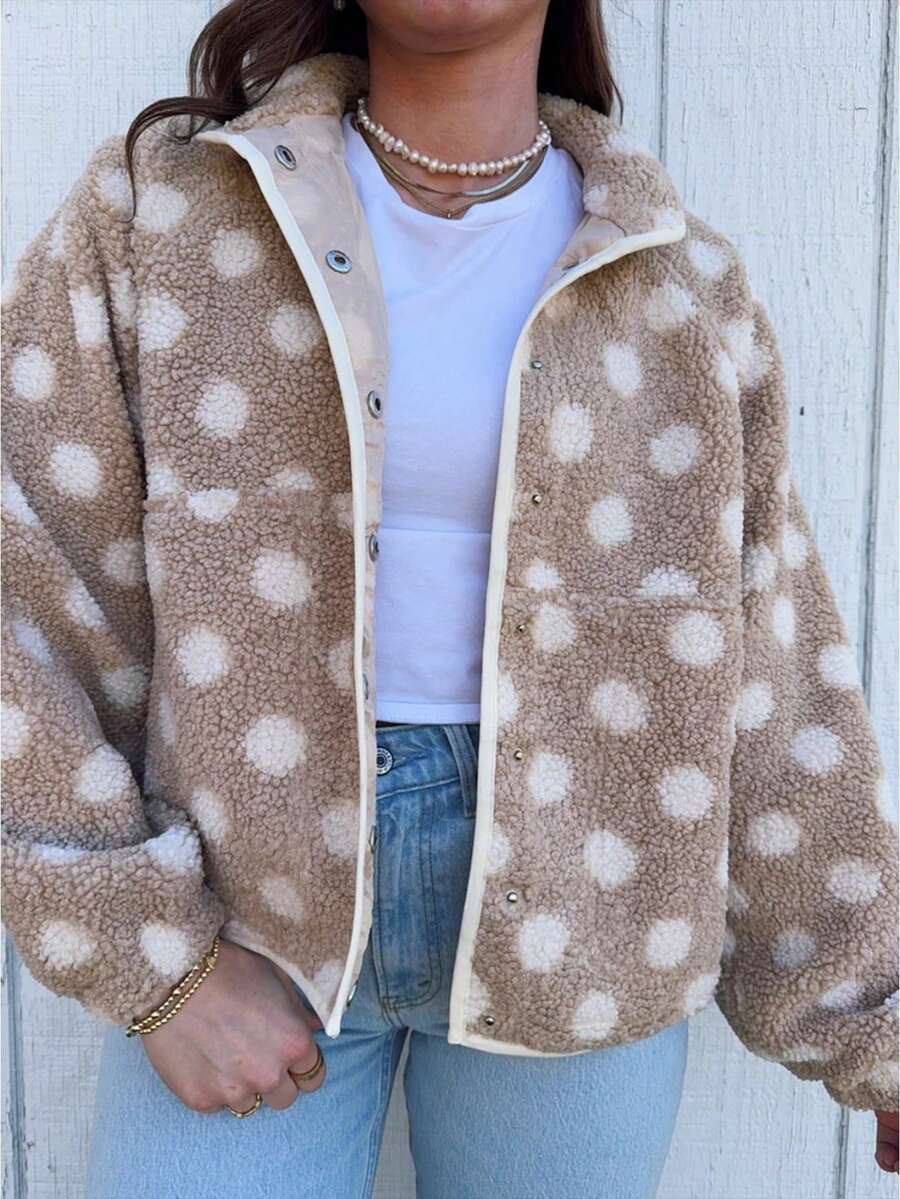 Womens Fall Winter Fleece Jacket Dot Pattern Long Sleeve Lapel Button Down Sherpa Coat - Khaki - View 1