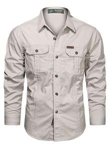 Men's Casual Cotton Cargo Shirt, Long-Sleeved Shirts For Camping And Hunting, Military Combat Shirt, Shirts For Hiking, Fishing, Hunting Clothes - Màu be - Xem 1
