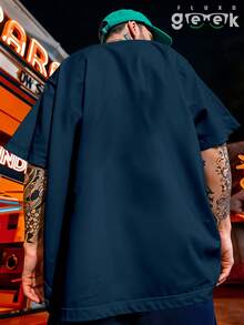 Oversized Gym T-Shirt With Funny Phrase "Calm Down, " REF 3297 FLUXO GEEK - Màu xanh hải quân - Xem 7