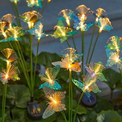 1个6LED太阳能彩色光纤蝴蝶花园灯，适用于庭院、花园、草坪、小径、婚礼、求婚、露营、惊喜装饰、露台、节日[太阳能供电]