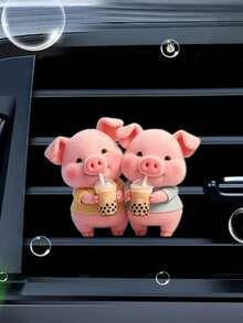1pc/2pcs Cute Pig Drinking Bubble Tea Acrylic Car Decor Clip, Car Interior Decoration, Adorable Decor, Fragrance-Free, Suitable As Gift, Birthday Gift, Christmas Gift - Multicolor - View 5