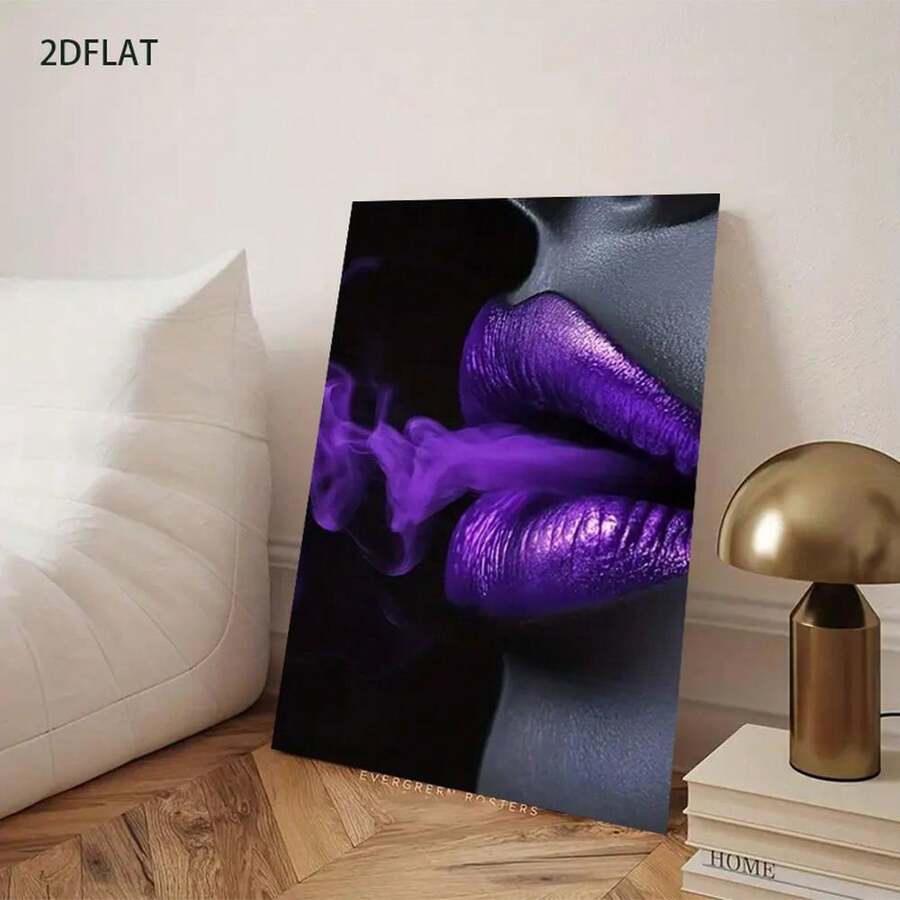 2D Flat, 1pc Modern Lips & Lipstick Abstract Purple Framed Poster - Glossy Black Wood Frame, Dark Background With Dramatic Lip Art - Wrapped Canvas Wall Decor For Home, Office, Bathroom - Bold Purple Lipstick Painting For Halloween, Christmas - 彩色 - 查看 1