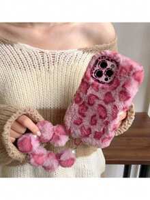 Leopard Plush Phone Case With Wrist Strap, Compatible With IPhone 14 Pro Max/14 Pro/14, 15 Pro Max/15 Pro/15, 16 Pro Max/16 Pro/16, 13 Pro Max/13 Pro, 11/12/17/17 Pro/17 Pro Max. Shake Off The Loose Fur Before Use To Avoid Shedding. - Hot Pink - View 2