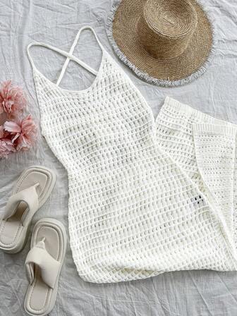 Vestido de punto sin mangas de cuello redondo talla grande, con espalda abierta y lazo