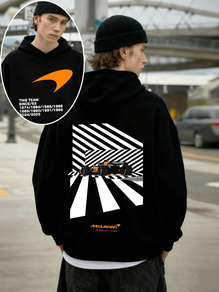 (Double Sided Printing) F1 Racing Culture Element Printing, Polyester Fiber Hooded Sweatshirt, A Must-Have Fashion Item For Autumn And Winter~Skin Friendly, Warm And Not Stuffy, Adding More Comfortable Matching Possibilities. - màu đen - Xem 1