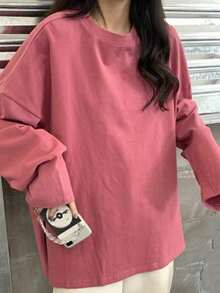 Camiseta de manga larga con dobladillo dividido y color liso para mujer. Prenda interior de moda. Estilo coreano. Prenda exterior moderna para estudiantes. Top holgado. - Rosa - Ver 4