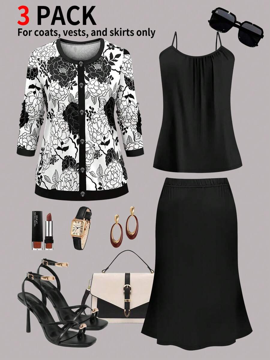 Damen Große Größen Set aus Blumen-Cardigan und schwarzem Rock, elegantes Outfit mit Rundhalsausschnitt, normale Ärmel, mittlere Stretchqualität, Knopfdetails - Schwarz - Übersicht 1