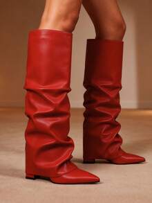 Knee High Fold Over Shark Boots For Women Slouchy Pointed Toe Block Thick High Heels Pull On Fashion Punk Pleated Boots Woman - Đỏ - Xem 1