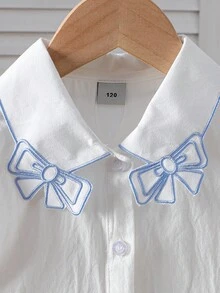 Girls' Collared Short Puff Sleeve Blouse, Summer - White - View 3