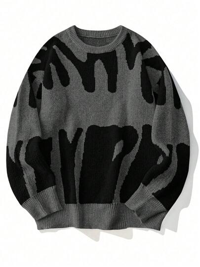 Suéter casual com estampa de moda, gola redonda, manga comprida, gráfico, ombro caído, monograma, roupa escolar, moda urbana, roupas de primavera, suéter de malha de Halloween