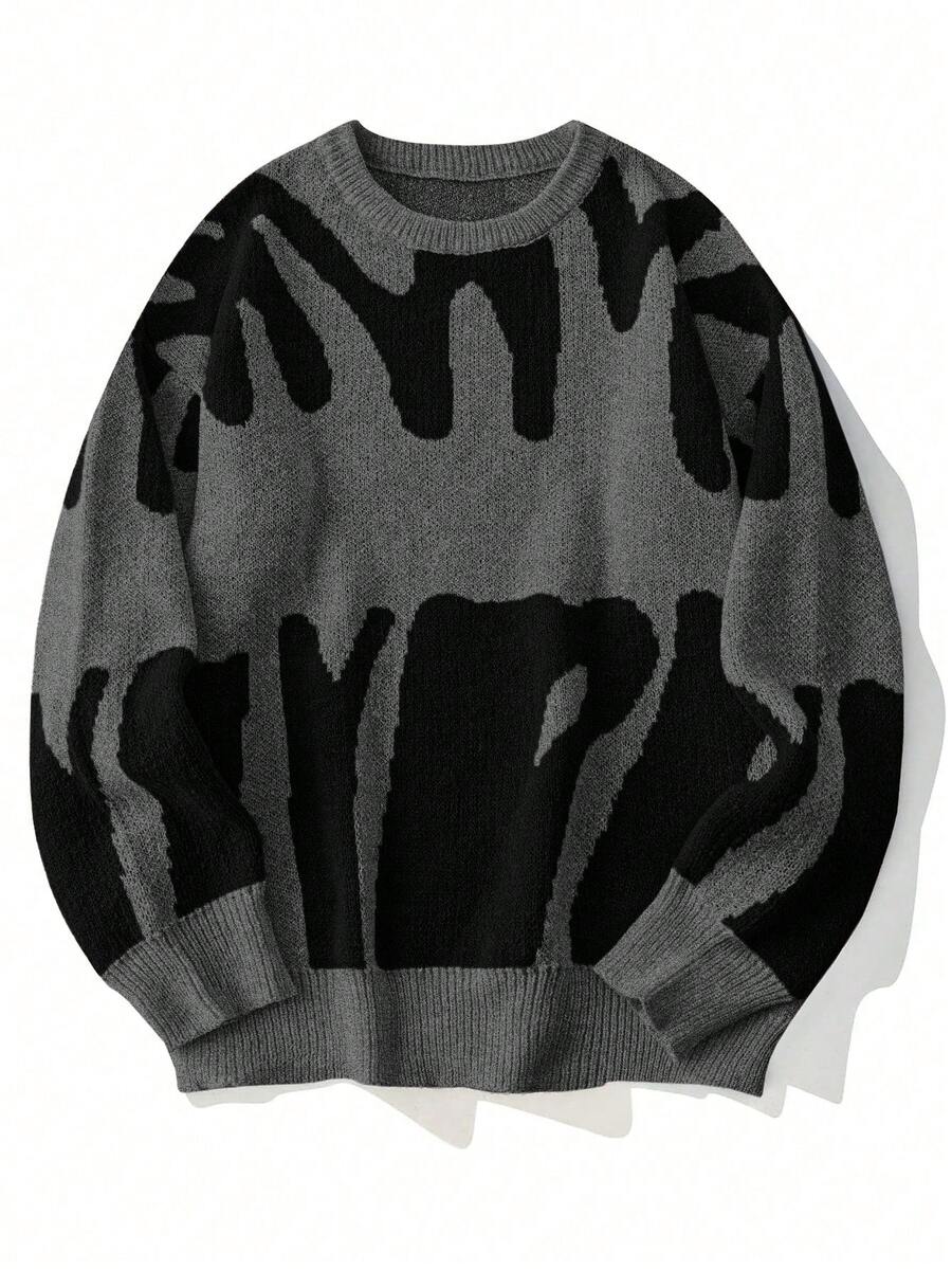 Fashion Pattern Crew Neck Long Sleeve Casual Pullover Graphic Drop Shoulder Monogram School Streetwear Spring Break Outfits Halloween Knit Sweater - Multicolor - View 1