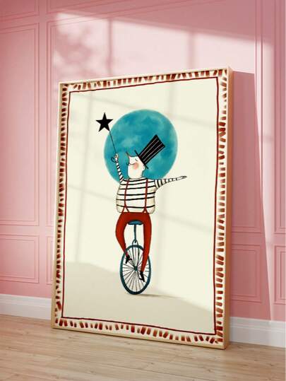 1幅无框马戏团杂耍演员印刷品，充满奇思妙想的复古海报，适合儿童房墙面装饰，复古游戏室艺术，色彩缤纷的杂技动物图案，儿童卧室装饰，趣味房间海报，宿舍必备，儿童返校礼物