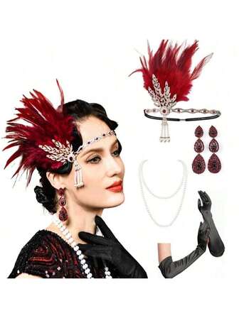1920s Flapper Party Costume Accessories - Feather Headband, Alloy Headpiece, Vintage Pearl Necklace, Gloves, Activity Set For Women