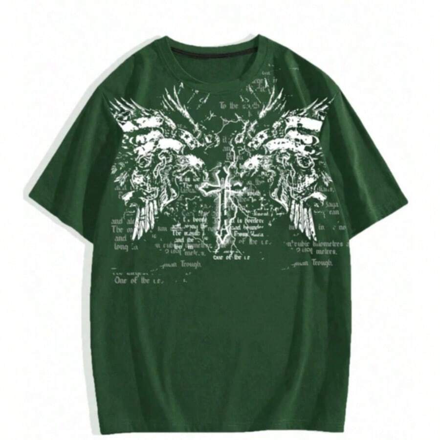 Men's Basic Gothic Punk Style T-Shirt, Printed Streetwear Blouse - 軍綠色 - 查看 1