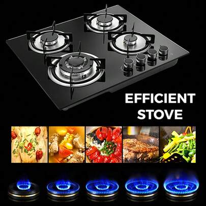 Rainaut 1PCS Built-In 110V Electric Gas Stove Top Built-In 4 Burner LPG/NG Gas Cooktop Countertop Tempered Glass With 1*130mm 3300W+2* 75mm1.75kw+1*55mm1.0kw, Kitchen Gas Cooktop Stove Top 4 Burners Tempered Glass Built-In LPG/NG Gas Stove,Black