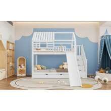Bunk Bed With Stairs And Slide, Cabin Bed, Stairs With Storage, Pine And MDF Frame, Children's Bed With Window And Roof, Guardrail And Drawer, White, 90 X 200 Cm X 2 - White - View 3