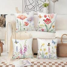 TOPSSCTR Set Of 4, Country Style Floral Throw Pillowcases 45 X 45 Cm - Flowers, Butterfly And Bee Pattern Printed, Comfortable 100% Polyester Pillow Covers For Sofa, Bed, Terrace, Garden, Farmhouse Decoration, Zippered Square Cushion Covers, Without Filling - Multicolor - View 1