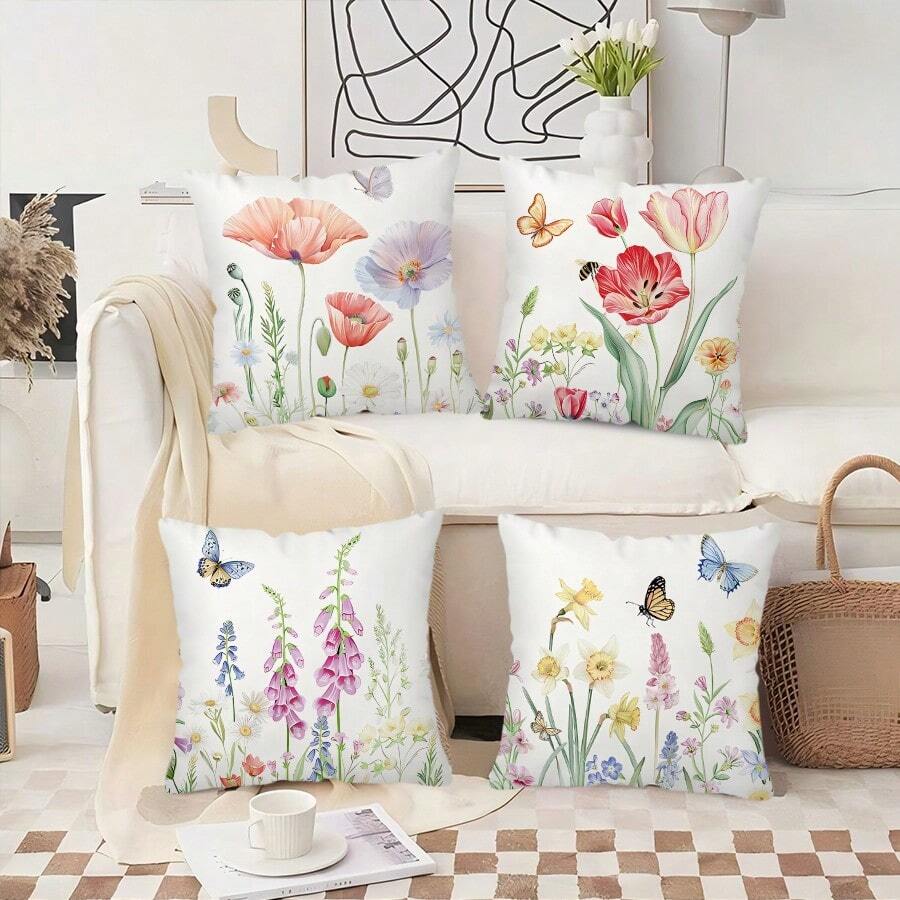 TOPSSCTR Set Of 4, Country Style Floral Throw Pillowcases 45 X 45 Cm - Flowers, Butterfly And Bee Pattern Printed, Comfortable 100% Polyester Pillow Covers For Sofa, Bed, Terrace, Garden, Farmhouse Decoration, Zippered Square Cushion Covers, Without Filling - Multicolor - View 1