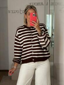 Women's Vintage Striped Cardigan, Casual Daily Wear, Suitable For Dates, Shopping, Spring/Autumn/Winter Vacation Brown Fall - Brown - View 3