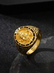 1pc Vintage Gold-Tone Buddha Head Signet Ring For Men, With Facial Expression, Topknot, And Vermilion Dot, Featuring Intricate Black Floral Engraving On The Band, Exuding A Solemn And Luxurious Religious Cultural Vibe And Exquisite Metalcraft - Gold - View 4